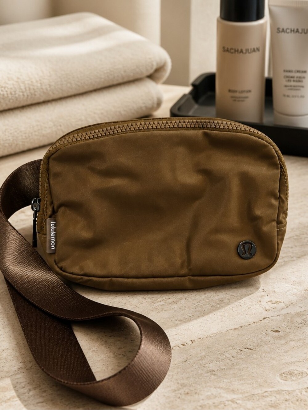 lululemon athletica Olive Belt Bag with Dark Brown Strap